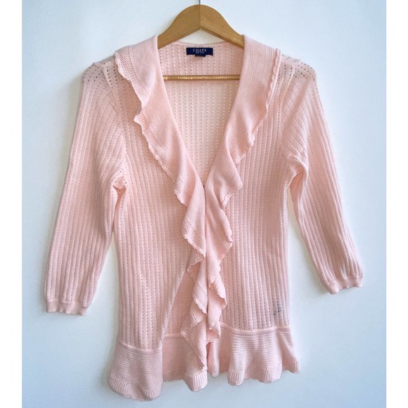 CHAPS Pink Ruffle Knit Cardigan Sweater 3/4 Sleeves Size S - Picture 1 of 4